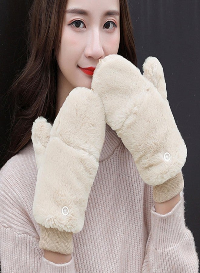 Piewag Winter Faux Fur Convertible Mittens for Women Girls Thermal Warm Half Finger Fingerless Gloves Beige - Image 2